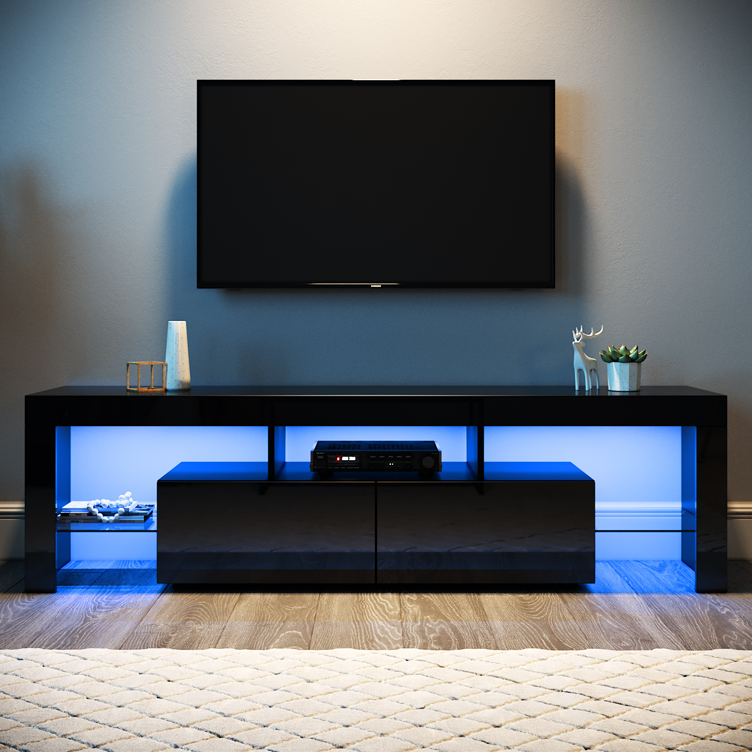 ELEGANT Modern High Gloss TV Stand with LED Light Living Room Bedroom Furniture